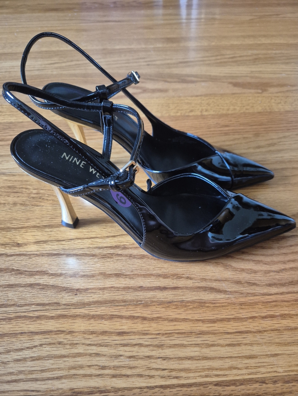 Nine West Black Patent Pointed Slingback Pumps with Gold Heel